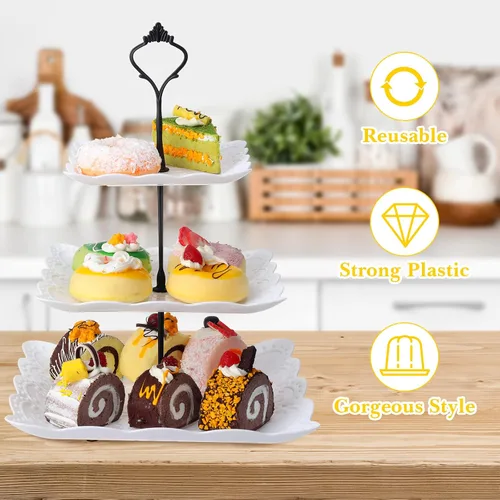 Miniatura 5 de Sawysine Paquete de 6 bandejas para servir de 3 niveles, torre de servicio de 3 niveles, soporte de postre a granel, bandeja de plástico grueso