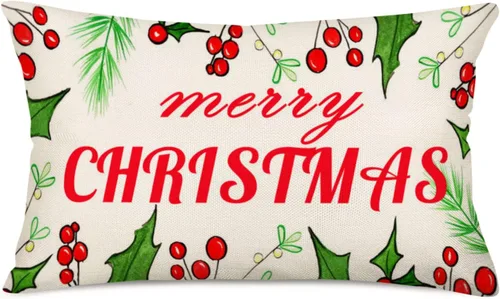 Miniatura 9 de Fundas de almohada de cintura de 12 x 20 pulgadas, fundas de almohada de muérdago de eucalipto rojo y verde, fundas de almohada de lino de algodón