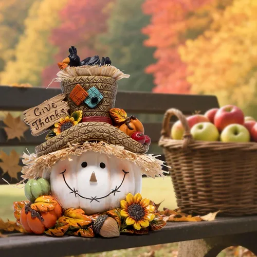 Miniatura 7 de Hodao Decoraciones de calabaza de Acción de Gracias, figura de resina de otoño con sombrero de paja, pájaros, bellotas y girasoles, letrero