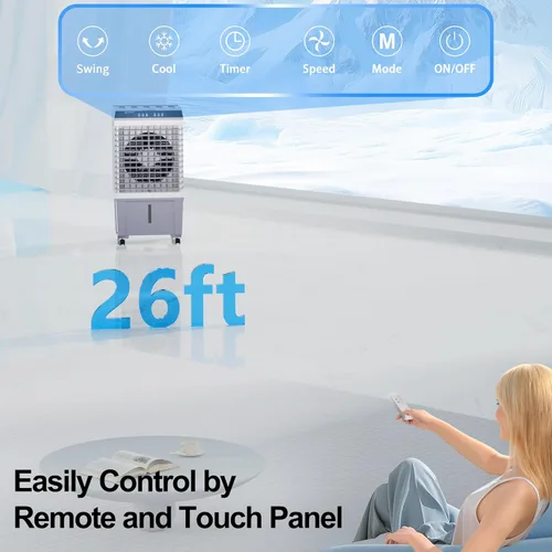 Miniatura 5 de Uthfy Enfriador de aire evaporativo de 1800 CFM, aire acondicionado 3 en 1 con motor de cobre, tanque de agua de 5.3 galones, 6 paquetes de hielo