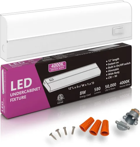 Iluminación LED cableada para debajo del gabinete, 8 vatios, regulable, CRI>90, 4000K (blanco frío), cuerpo ancho, base de metal de larga duración