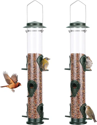 Miniatura 14 de MIXXIDEA 1PK Alimentadores de pájaros metálicos con 6 puertos de alimentación, alimentador de pájaros de tubo con colgador de acero, alimentador