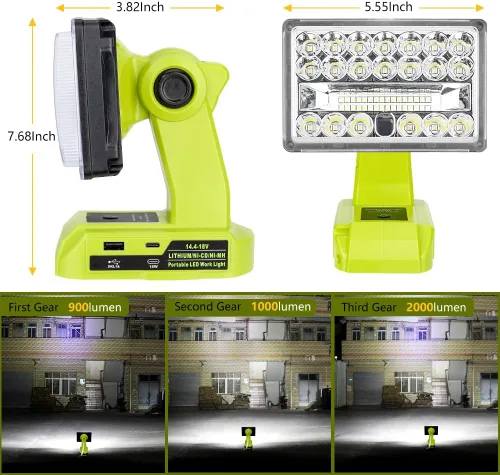 Miniatura 3 de Choerinton Luz de trabajo compatible con batería Ryobi de 18 V, luz de 18 W, portátil, inalámbrica, con puerto de carga USB, reflector LED