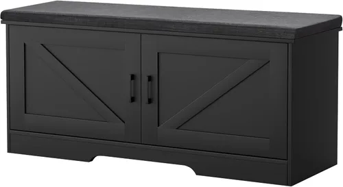 Miniatura 19 de HOMSHO Banca de almacenamiento de 2 niveles, banca para zapatos de 70 cm de ancho con cojín de asiento acolchado, banca de entrada con 2 puertas