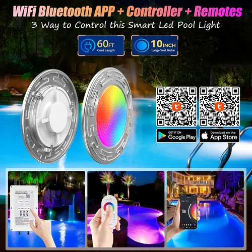 Miniatura 2 de Luces de piscina LED WiFi Spa de 60 pies y 6 pulgadas para piscina enterrada con triple control (control remoto/aplicación/controlador), luz