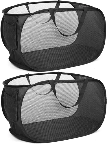 Cestas de lavandería plegables duraderas, cesta de lavandería desplegable de malla con bolsillo lateral, cesta de ropa plegable con asas de 2 x negro