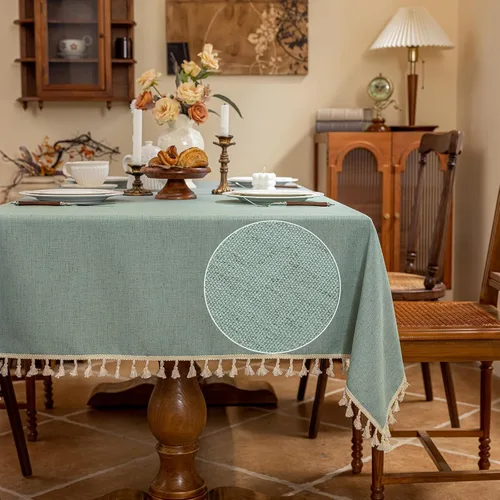 Miniatura 13 de AmHoo Mantel de mezcla de lino, mantel rectangular de 7.12 oz/m² con costuras y borlas para cocina, comedor, boda, bufé, 55 x 55 pulgadas