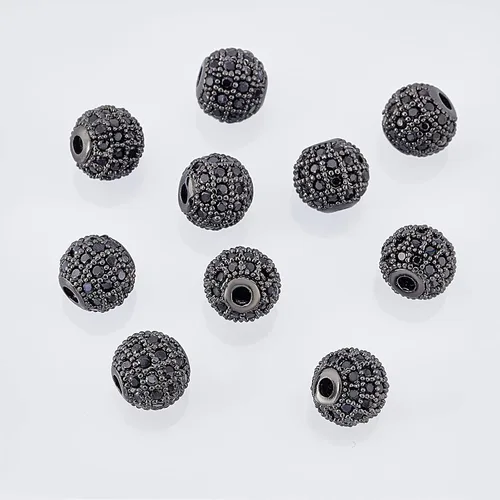 Miniatura 4 de NBEADS 10 piezas de 0.315 in chapado en estante de latón con circonita cúbica redonda de cristal negro plomizo y cuentas redondas de circonita
