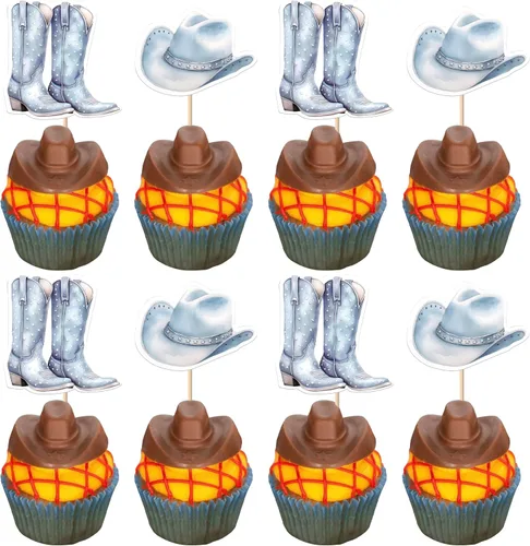 Miniatura 14 de Rsstarxi Paquete de 30 adornos de vaquero para cupcakes con purpurina para zapatos de caballo de vaquero, botas, pistola, temática occidental