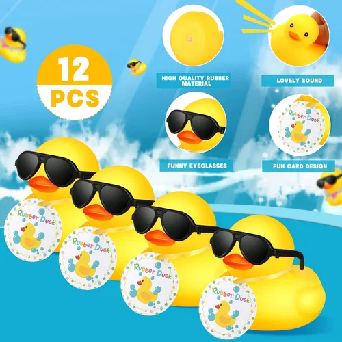 Miniatura 3 de Chivao 12 piezas de patitos de goma mini con anteojos de sol/ gafas y sombreros/ collar, patitos de goma para crucero a granel, regalo de San
