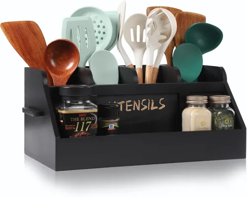 Miniatura 7 de Innovation Soporte para utensilios de cocina para encimera con 5 compartimentos, organizador de utensilios con asas, soporte de utensilios de madera