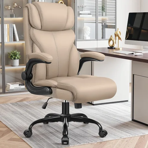 Miniatura 10 de Primy Silla de oficina, silla de escritorio ergonómica de cuero con reposabrazos abatibles, respaldo alto grande y alto, silla ejecutiva para Negro