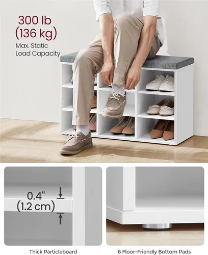 Miniatura 5 de VASAGLE - Colección CUSTOS - Banco para zapatos, banco de almacenamiento con asiento acolchado, banco de entrada con 9 compartimentos, para Blanco