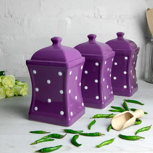 Miniatura 3 de City to Cottage Juego de 3 tarros de almacenamiento de cerámica de 31.5 onzas (30.4 fl oz) con lunares morados y blancos hechos a mano, recipientes