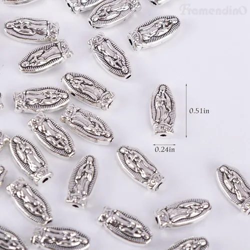 Miniatura 6 de Framendino, Paquete de 60 cuentas de Virgen María, Nuestra Señora de Guadalupe, abalorios espaciadores sueltos para hacer joyas Plateado