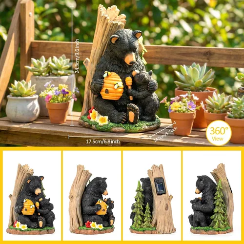 Miniatura 4 de Candieslife Estatua de jardín de oso solar con colmena brillante y cachorro, figura LED para exteriores, decoración para patio, césped, arte