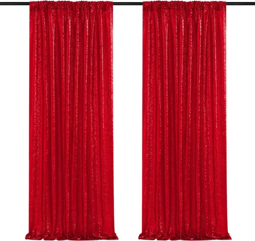 Cortinas de fondo para fiestas, 2 paneles de 2 x 8 pies, telón de fondo de lentejuelas rojas, telón de fondo de tela con purpurina brillante, Rojo