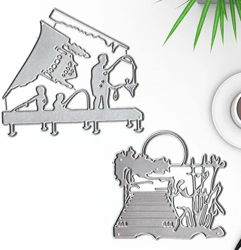 Miniatura 5 de Estivaux 2 piezas de troqueles de hombre de pesca para hacer tarjetas, juegos de troqueles de corte de casa de puente de lago, plantillas