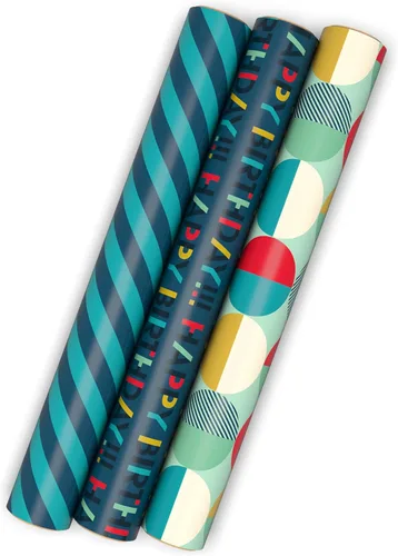Miniatura 2 de Hallmark Mini rollos de papel de regalo de cumpleaños, paquete de 3 unidades (rayas azul marino y verde azulado, círculos mod naranja y amarillo)
