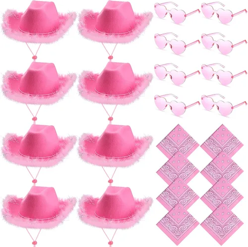 Paquete de 24 sombreros de vaquera con bandana de cachemira y lentes de corazón, sombreros de vaquera de plumas esponjosas para fiesta