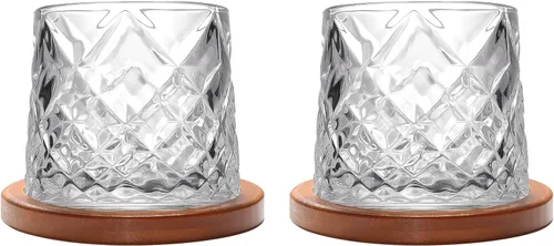 Miniatura 9 de Vaso de vidrio antiguo giratorio, 275ml/10oz de vidrio de whisky de cristal, posavasos de madera, engrosamiento, utilizado como vaso de ron, vaso