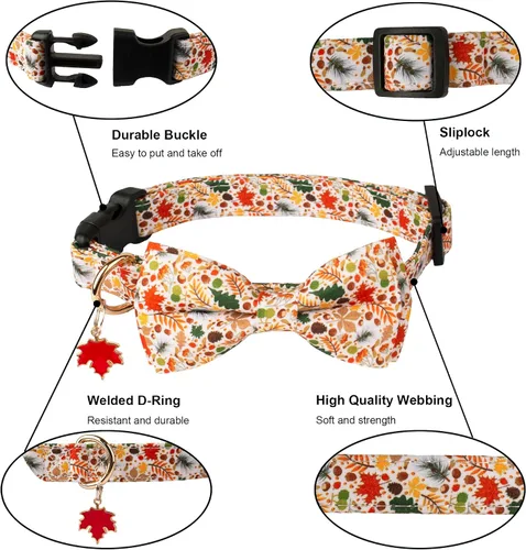 Miniatura 5 de ADOGGYGO Collar de perro de otoño con lazo, collares ajustables para perro de Acción de Gracias con pajarita removible y hojas de otoño, collares