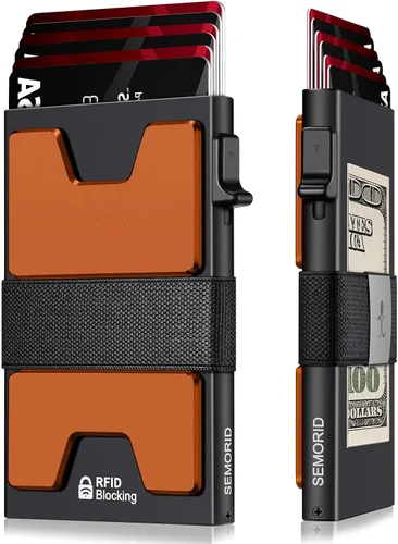 Miniatura 28 de Cartera delgada de aluminio para hombre, placa trasera expandible duradera, bloqueo RFID, billetera desplegable de metal minimalista, con capacidad