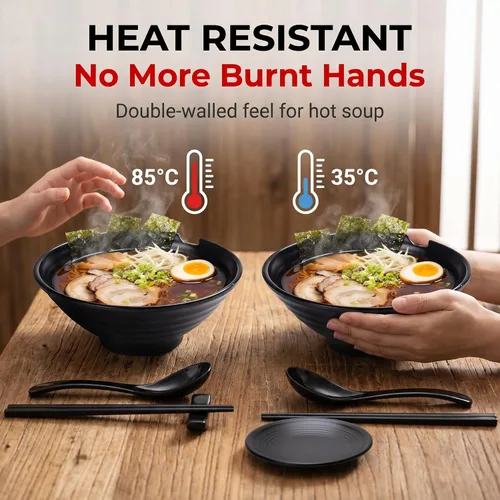 Miniatura 3 de Juego de 2 tazones de ramen irrompible estilo japonés, 37 onzas, grandes cuencos y cucharas de melamina mate con palillos y platillos para fideos