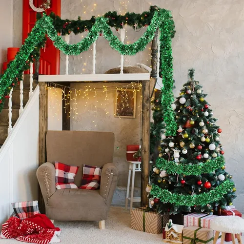 Miniatura 5 de VESPRO Guirnalda metálica verde para árbol de Navidad de 59 pies con purpurina para decoración de interiores y exteriores