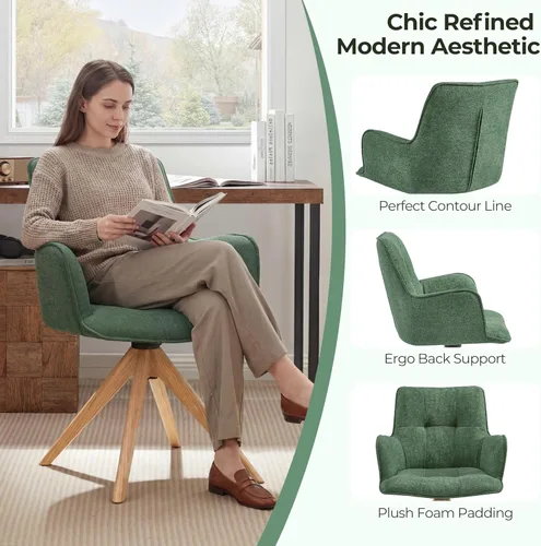 Miniatura 4 de Zouron Silla de escritorio giratoria sin ruedas, silla de oficina tapizada con patas de madera de roble, sillón moderno para espacios pequeños