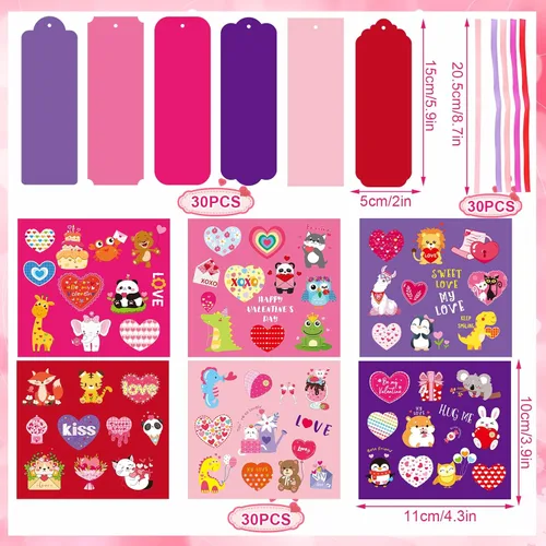 Miniatura 2 de JUNEBRUSHS Paquete de 30 manualidades de San Valentín para niños, marcapáginas del día de San Valentín, kits de manualidades con corazones surtidos