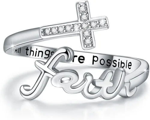 Anillo de fe, anillos de cruz, anillo de cruz ajustable de plata de ley, regalo de joyería inspiradora cristiana para mujeres, niñas, hija, novia,