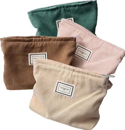 Miniatura 12 de Sanwuta Paquete de 4 bolsas de terciopelo para maquillaje, bolsa de cosméticos para mujer, bolsa de pana de gran capacidad, con cremallera, de lona