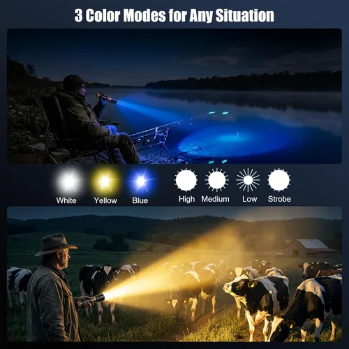 Miniatura 3 de SKYFIRE Linterna con lente de encendido y luz amarilla/azul, linternas recargables superbrillantes de 3000 lm de alto lúmenes, zoomable, linterna