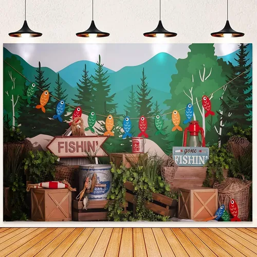 Miniatura 3 de Fondo de fotografía de pesca con plantas verdes bosque, para niños, fiesta de cumpleaños, pastel, retrato para baby shower, fiesta, accesorios