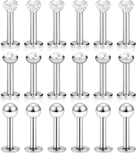Miniatura 9 de SCERRING - 18 piezas de acero inoxidable 0.56 oz (16 gr) de circonita cúbica transparente Labret Monroe para labio, tragus, cartílago, hélice