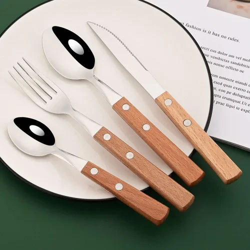 Miniatura 3 de Juego de cubiertos de 24 piezas con mango de madera, juego de cubiertos de acero inoxidable 304 para el hogar, cocina, restaurante, juego de vajilla