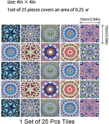 Miniatura 3 de 25 calcomanías de azulejos estilo mandala, murales tradicionales de bricolaje de 4 x 4 pulgadas, azulejos impermeables a prueba de aceite, Mtl-01
