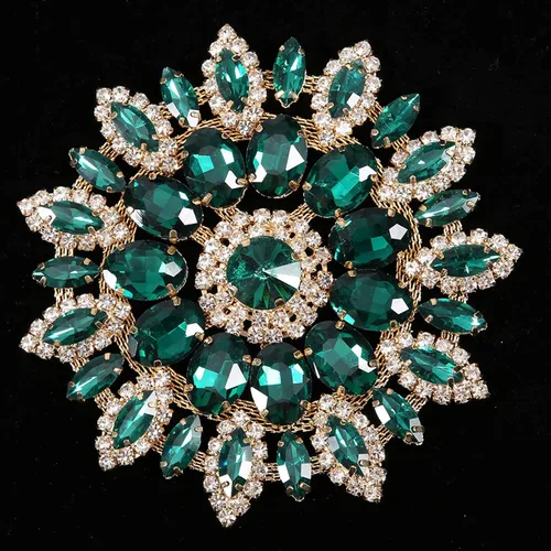 Miniatura 8 de Broche de flores de diamantes de imitación de cristal, base de oro verde para mujer, broche de ramillete grande de 4.3 in, bolso de bufanda