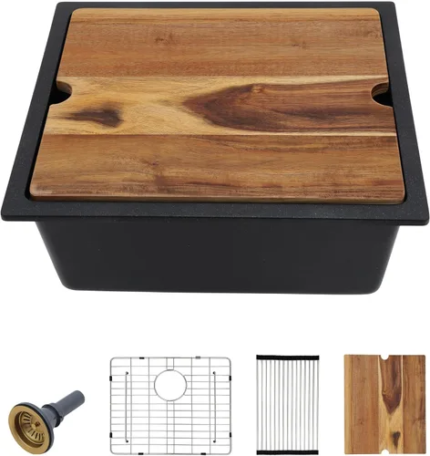 Miniatura 35 de Fregadero de preparación de barra de montaje inferior de 12 x 16 pulgadas, color negro mate, compuesto de cuarzo, clásico bajo encimera, lavabo
