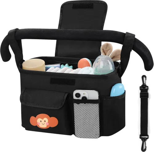 Accmor Organizador universal para cochecito con portavasos y correa para el hombro, organizador de bolsa de cochecito para Uppababy, Baby Jogger,