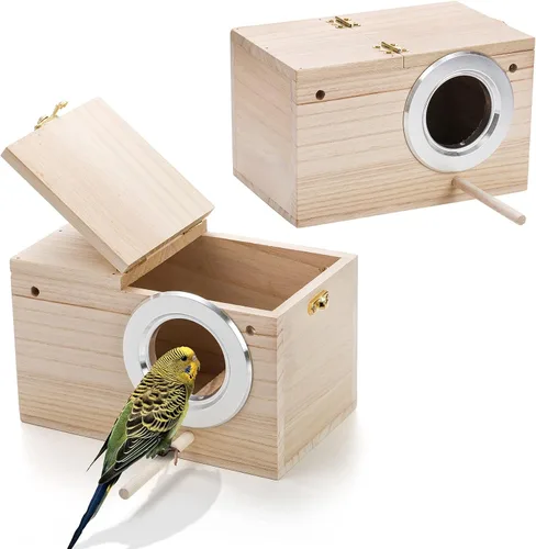 Hiceeden Paquete de 2 cajas nido de periquitos, caja de anidación de pájaros de madera natural, caja de cría de pájaros pequeños para tortolitos