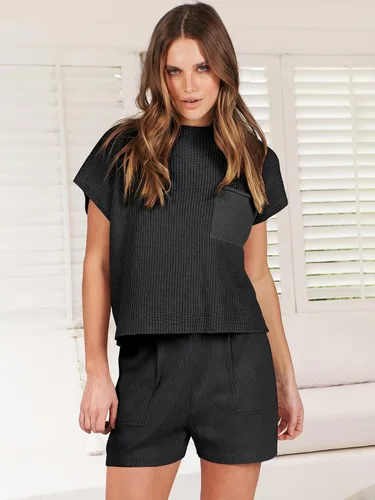 Miniatura 2 de ANRABESS Conjunto de dos piezas para mujer, suéter corto, suéter y pantalones cortos, conjunto de ropa de descanso