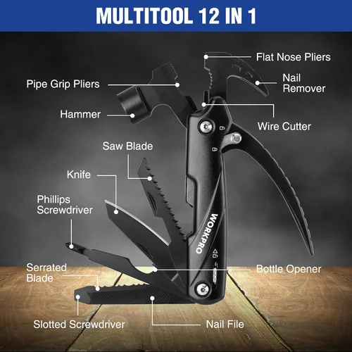 Miniatura 2 de WORKPRO Multitool-Herramientas de camping 12 en 1 con mini martillo-EDC Gear Multi Herramientas Martillo con bloqueo de seguridad y bolsa, Mini