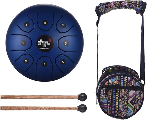 Mini tambor de lengua de acero de 8 tonos 5.5 pulgadas C Key Percusión Instrumento Handpan Tambor con mazos de tambor Bolsa de transporte Azul
