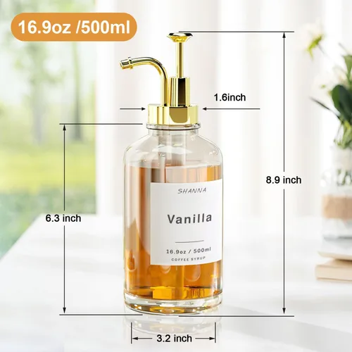 Miniatura 6 de Dispensador de jarabe de café para barra de café, botella de vidrio de 500ml 16.9oz con cuchara de café dorada, dispensador de jarabe de café con 36