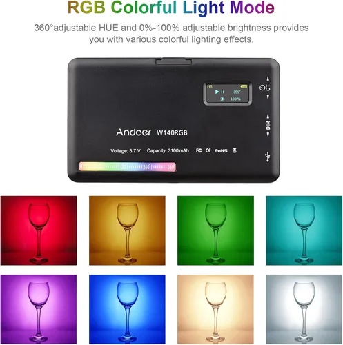 Miniatura 5 de Andoer W140 RGB LED Kit de luz de video de bolsillo Iluminación de videoconferencia CRI95+2500K-9000K regulable 20 efectos de iluminación