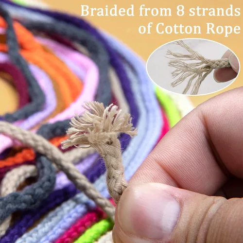 Miniatura 4 de JeogYong - Cuerda de macramé trenzada 5mm x 90m, cuerda de algodón trenzada de 8 hebras natural, cuerda de cordón de dibujo colorida para colgar