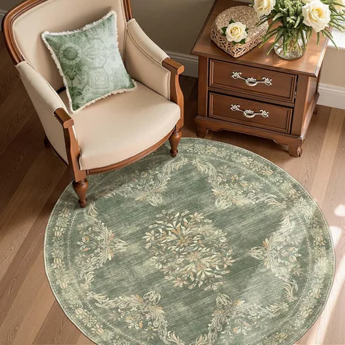 Miniatura 30 de Jinchan Fiora - Alfombra redonda de 8 pies, alfombras vintage con diseño floral envejecido, lavable a máquina, antideslizante, de pelo bajo, Azul
