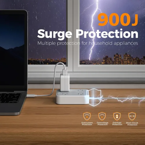 Miniatura 3 de TESSAN Cable de extensión plano con protector de sobretensiones de 5 pies, regleta de alimentación de enchufe plano con 4 tomas, 3 puertos USB